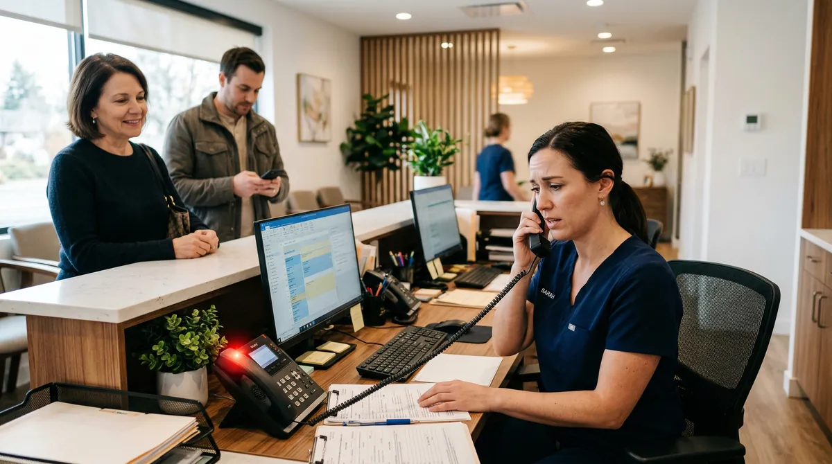 Busy dental office front desk showing how to reduce missed calls dental office teams face during peak hours