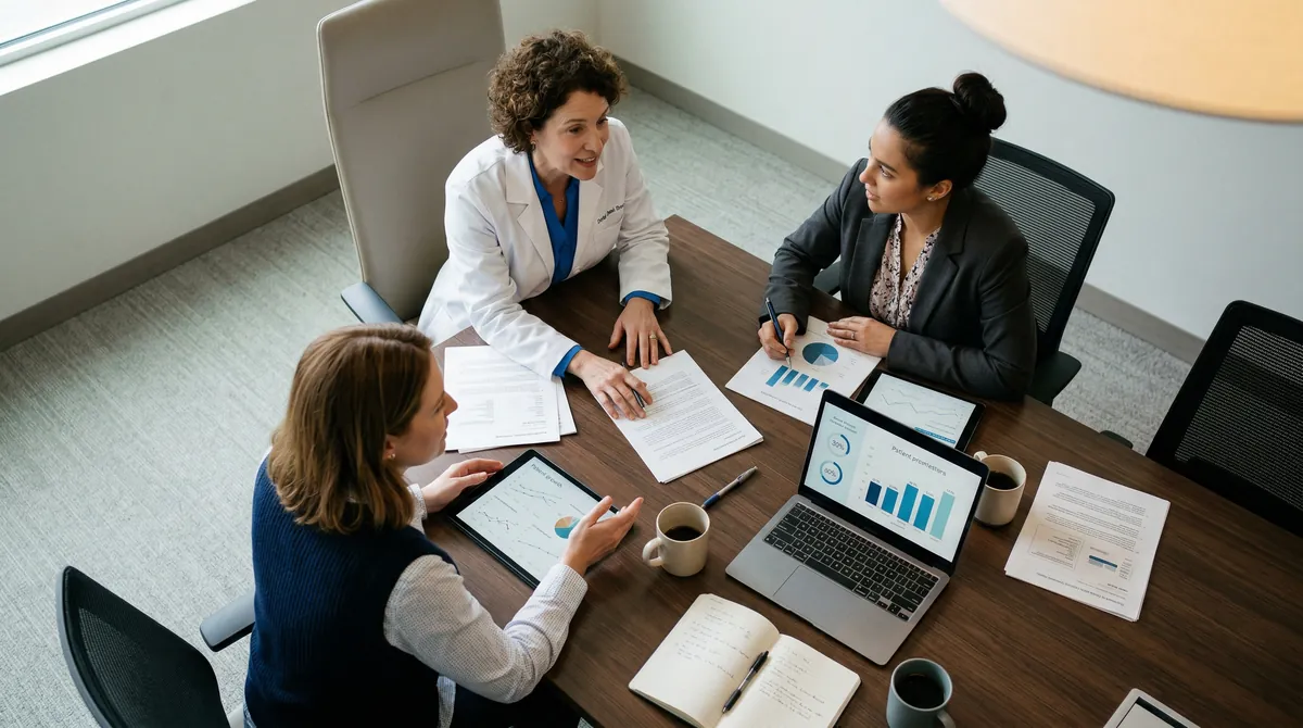 Dental team discussing how to get more new patients dental practices need through acquisition strategies around a conference table