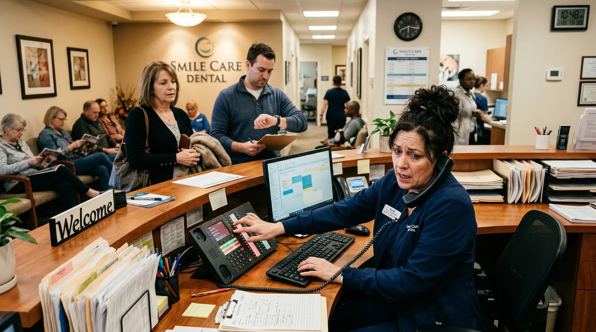 Busy dental office front desk — learn how to improve dental patient conversion rate during peak call hours