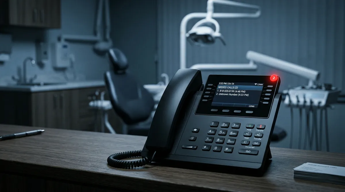 Unbranded desk phone showing missed call notifications in a dental office after hours with a dental chair in the background