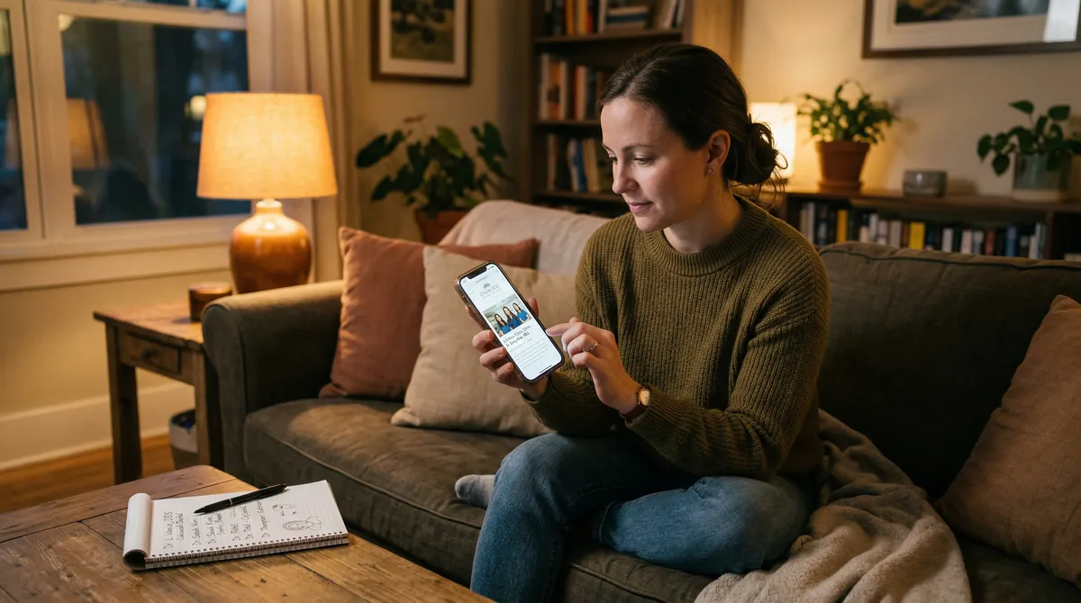 Patient browsing dental websites from home in the evening — searching for after hours dental appointments outside standard business hours