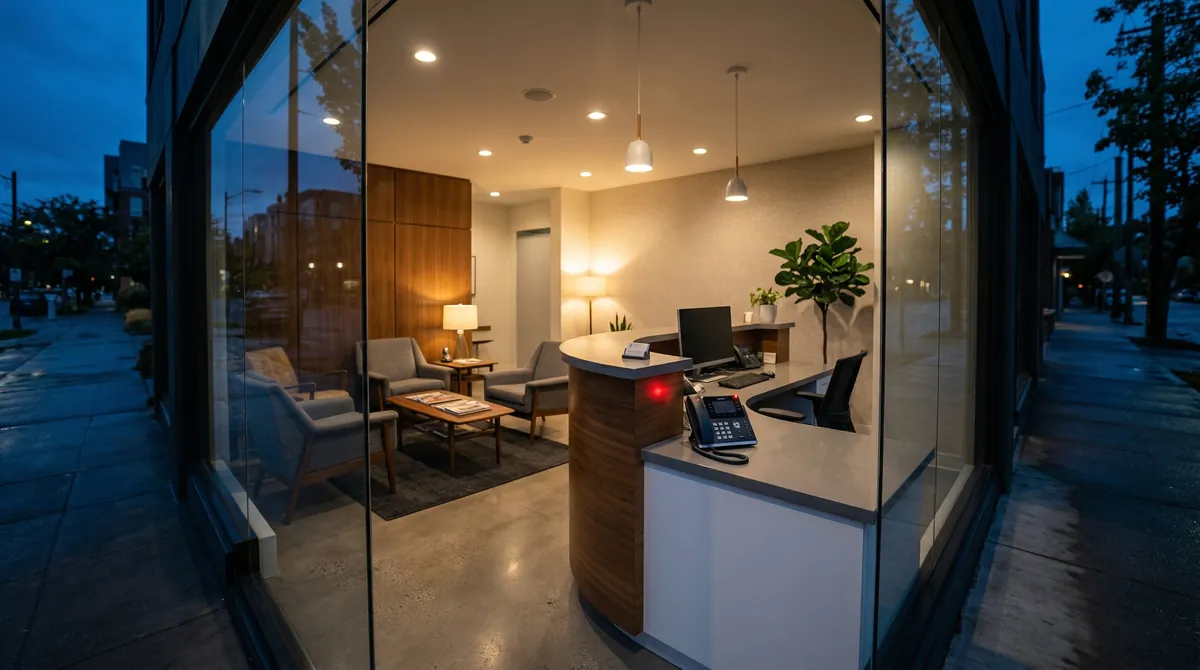 Modern dental office reception area seen through glass windows at dusk with warm interior lighting and a phone showing a voicemail indicator