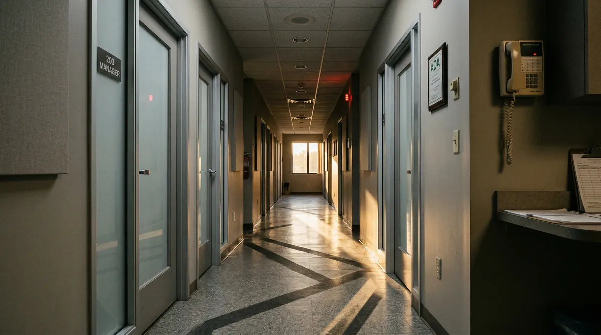 Low-angle view of dental practice hallway with office manager door and wall-mounted phone — calculating how much revenue lost missed calls dental practices experience