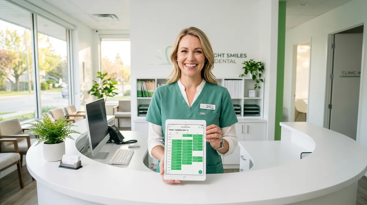 Dental office manager at the front desk with a fully booked appointment schedule on her tablet after implementing 24/7 AI call handling
