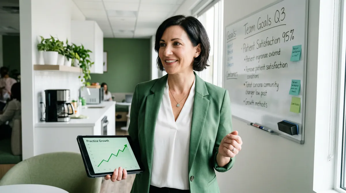 Dental office manager holding tablet with upward-trending practice growth chart after recovering missed call revenue
