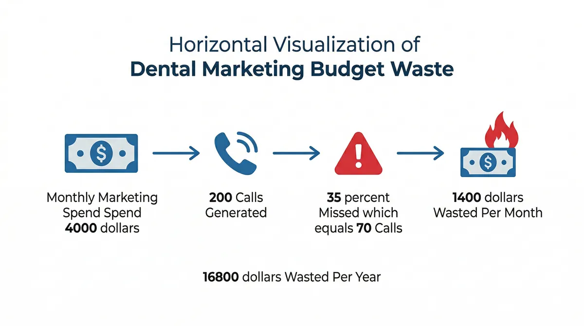 Infographic showing how unanswered dental calls waste marketing budget from 4000 dollars to 1400 dollars wasted monthly