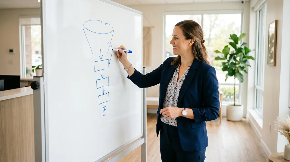 Dental office manager drawing a patient journey funnel diagram on a whiteboard in a bright modern office