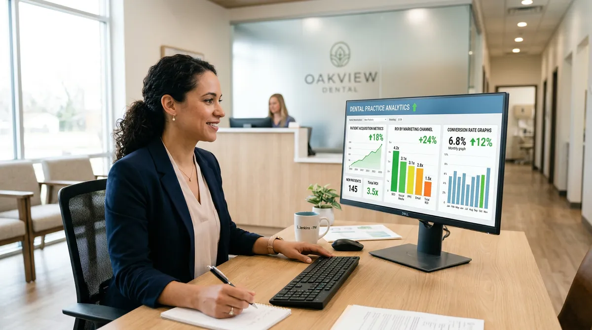Dental practice manager reviewing patient acquisition metrics and ROI dashboard on desktop monitor