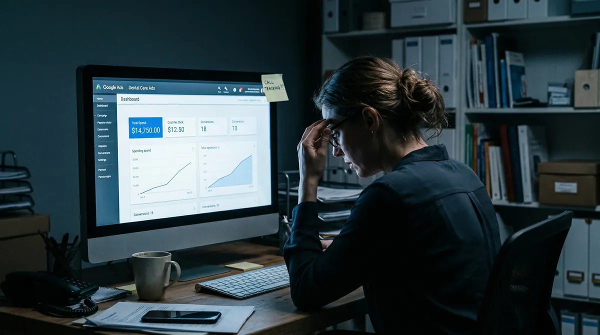 Dental office manager reviewing PPC dashboard illustrating how a low dental marketing phone answer rate wastes ad spend