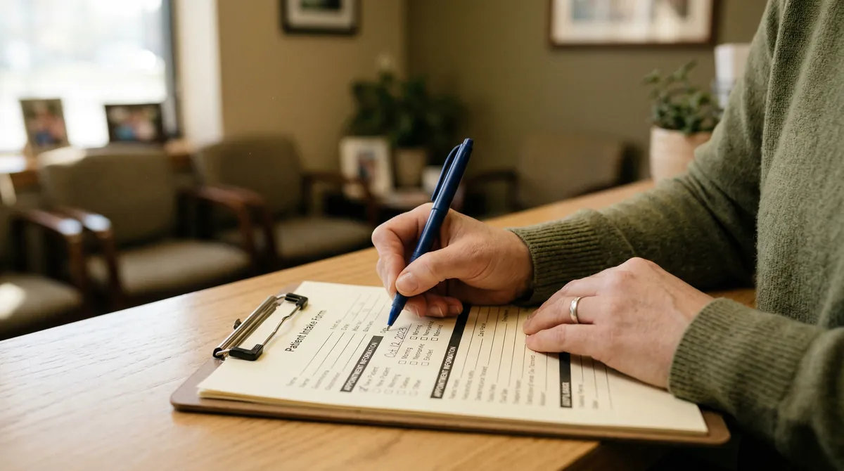 Close-up of dental office staff hands filling out patient intake clipboard — improving dental patient conversion rate starts with organized front desk workflows