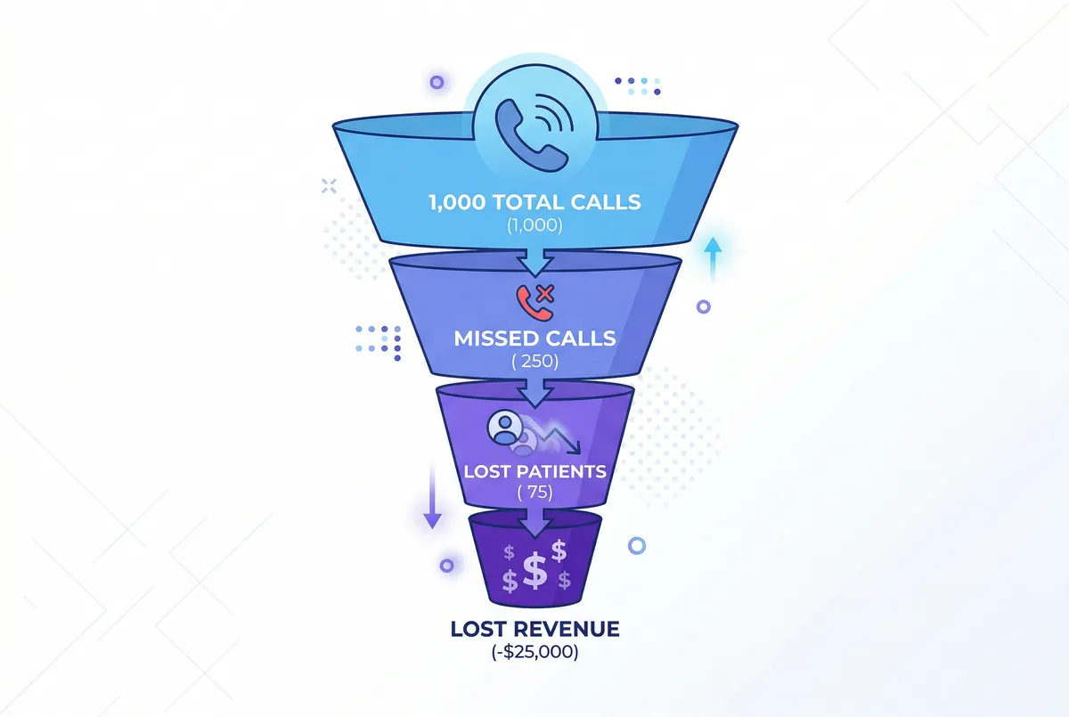 Infographic funnel showing how 1,000 dental practice calls become missed calls, lost patients, and lost revenue