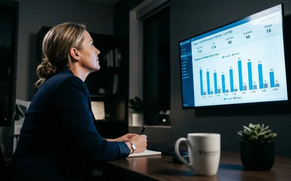 Over-the-shoulder view of a dental office manager reviewing AI receptionist call analytics on a dashboard screen