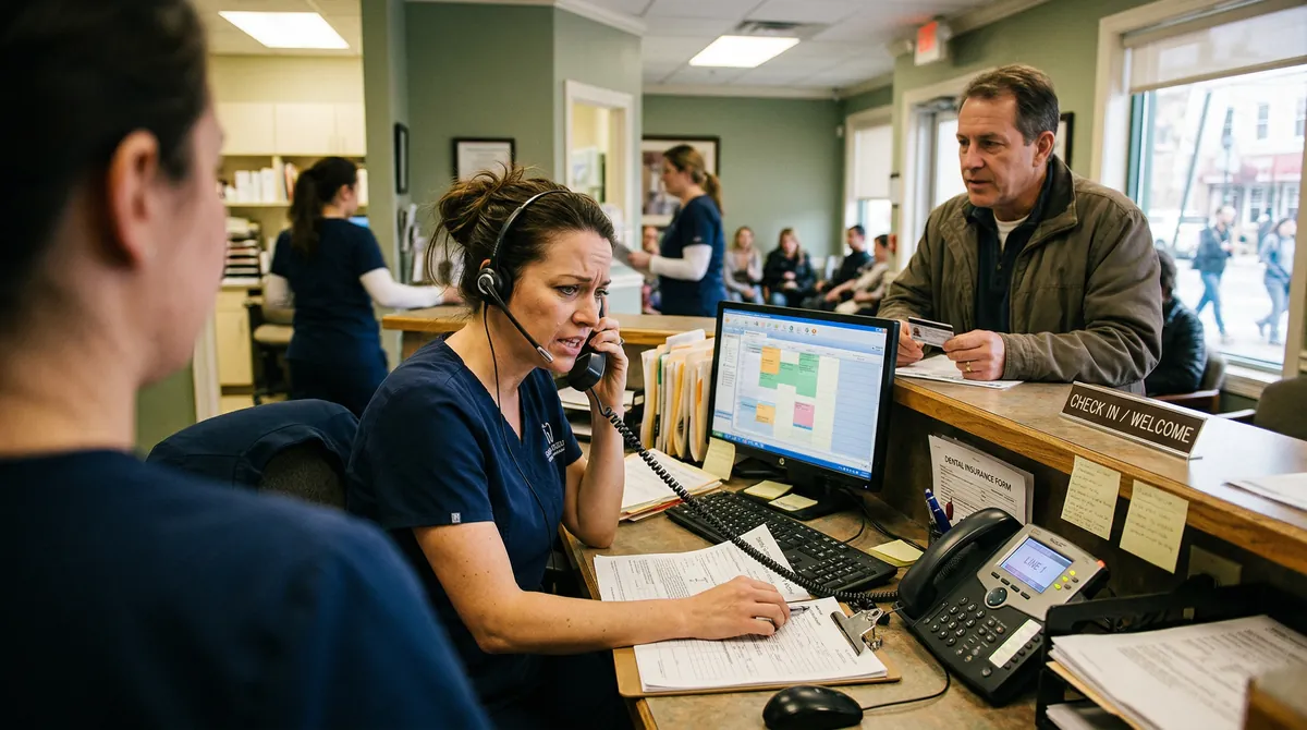 Overwhelmed dental front desk coordinator answering phone while checking in patients during busy morning rush
