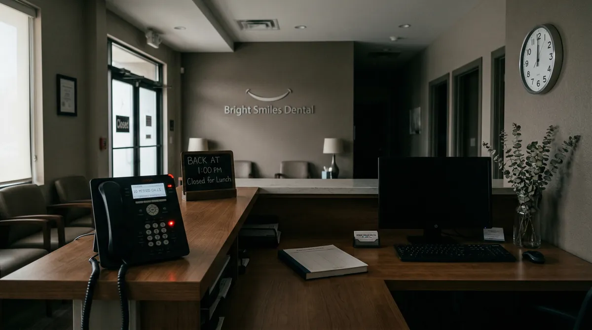 Empty dental office reception desk during lunch hour with phone showing missed calls and Back at 1 PM sign