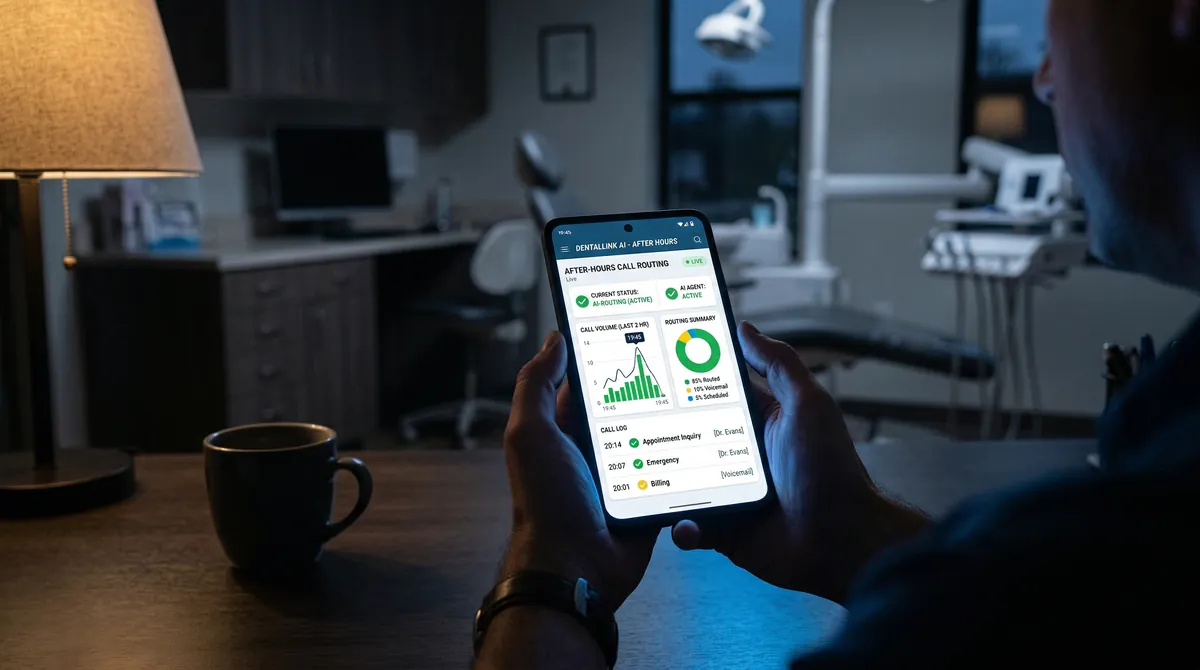 Over-the-shoulder view of smartphone showing AI call routing dashboard at night — how dental practices reduce missed calls dental office after hours