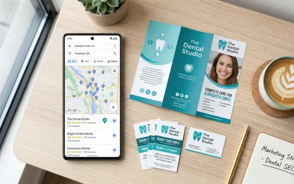 Overhead flat-lay of dental marketing ROI materials on a desk — tablet showing analytics, brochures, and patient intake forms for tracking dental marketing return on investment
