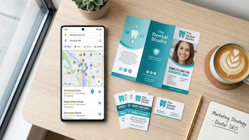 Overhead flat-lay of dental marketing ROI materials on a desk — tablet showing analytics, brochures, and patient intake forms for tracking dental marketing return on investment