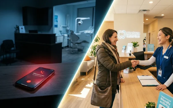 Split-screen comparison of a missed patient call versus a friendly AI receptionist greeting — showing the cost of new dental patient acquisition when calls go unanswered