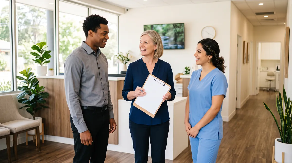 Diverse dental team of three reviewing plans together in a modern practice, relaxed office manager holding a clipboard