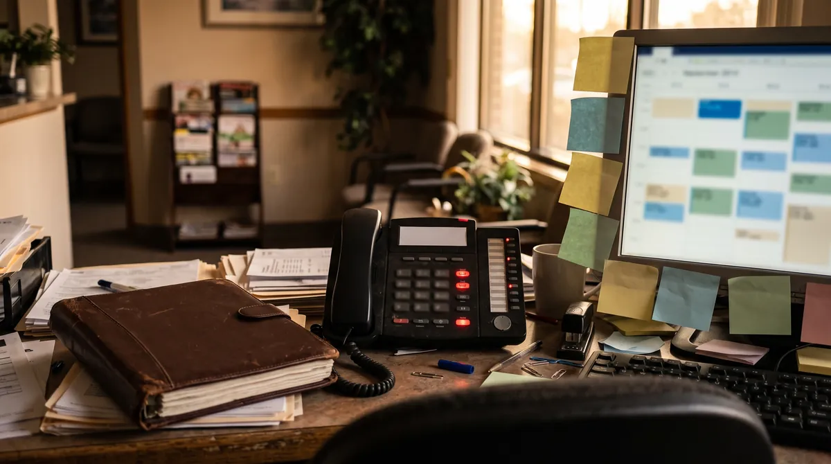 Dental front desk burnout — overloaded reception desk with ringing phone and stacked notes