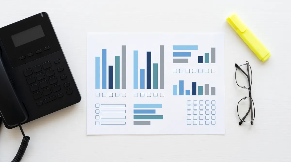 Printed phone-metrics scorecard with bar charts and checkboxes beside a desk phone, highlighter, and reading glasses