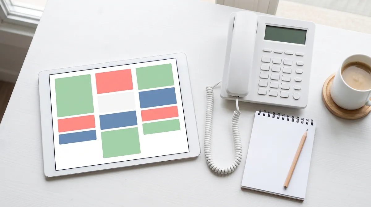 Tablet displaying an abstract three-location dental scheduling dashboard beside a desk phone, notepad, and coffee cup