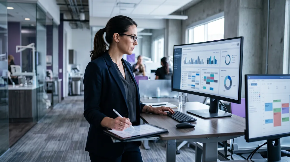 Scalable dental front desk — operations lead reviewing multi-location scheduling systems